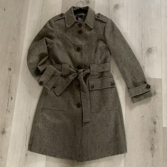 Via‎ button-up wool pea coat tan brown size S tie waist midi classic elegant - Picture 16 of 16